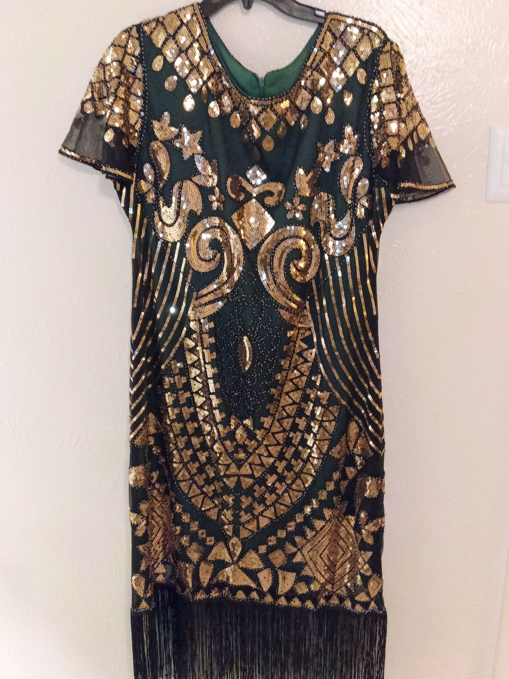 Gold Sequin Fringe Green Cocktail Dress